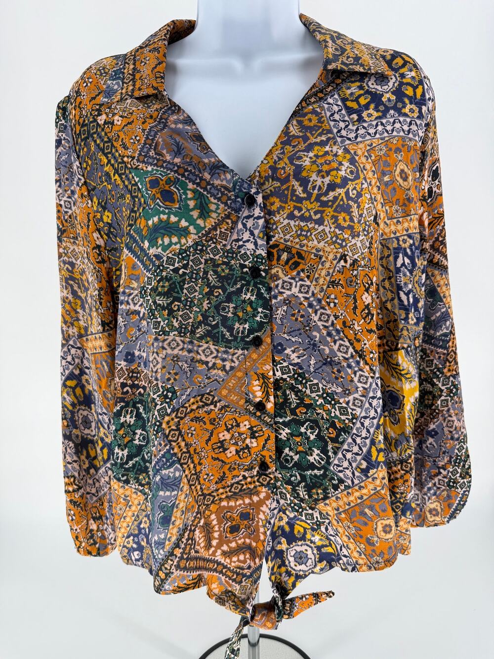 Tolani Womens M 100% Silk Patchwork Paisley Blouse Tie Front Boho India